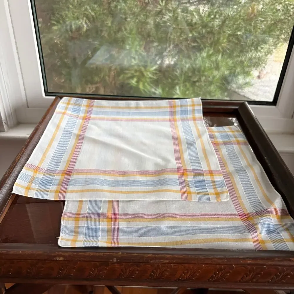 Vintage Plaid Cotton Handkerchief Set Blue Yellow Red 11x11